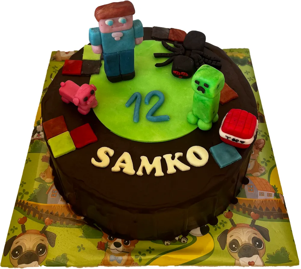 Dětský dort s motivem Minecraftu a modelovanými postavičkami
